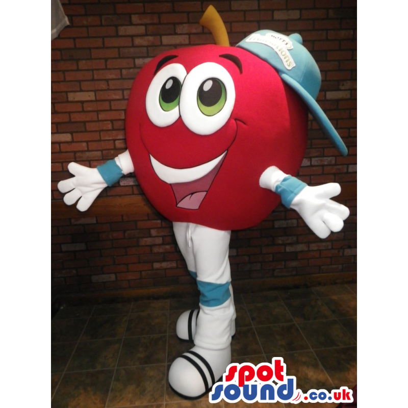 Cute Red Apple Fruit Mascot Wearing A Cap With Logo - Custom