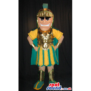 Angry Roman Soldier Human Mascot In Yellow And Green Clothes -