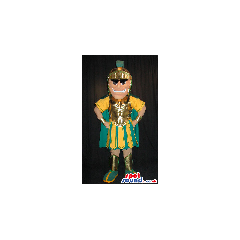 Angry Roman Soldier Human Mascot In Yellow And Green Clothes -