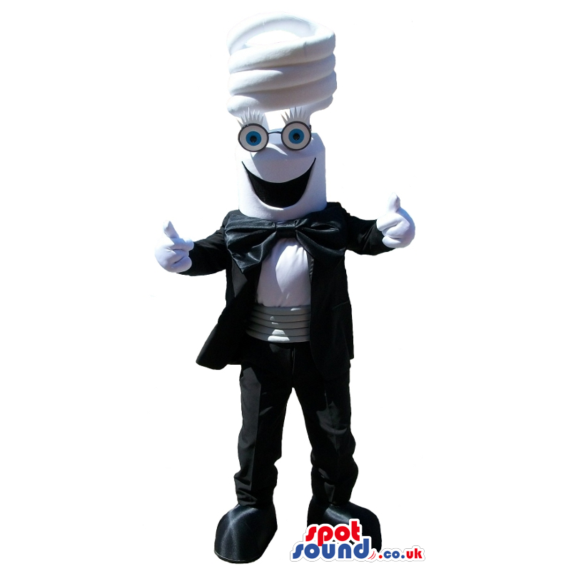 Funny Bulb Head Mascot In An Elegant Suit And Bow Tie - Custom