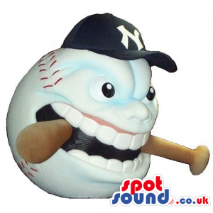 Angry Baseball Mascot Biting A Bat, Wearing A Cap With Logo -