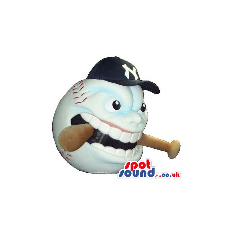 Angry Baseball Mascot Biting A Bat, Wearing A Cap With Logo -