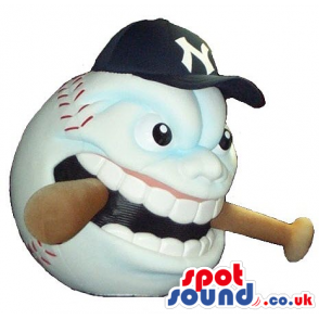 Angry Baseball Mascot Biting A Bat, Wearing A Cap With Logo -