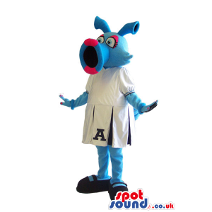 Blue Alien Lady Mascot Wearing A White Sports Dress With A Logo