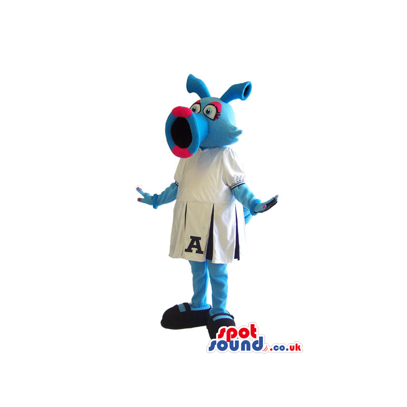 Blue Alien Lady Mascot Wearing A White Sports Dress With A Logo