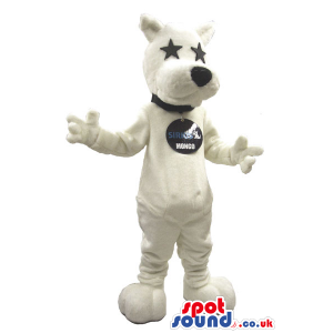 Cool White Dog Plush Mascot With Star Eyes And A Logo - Custom