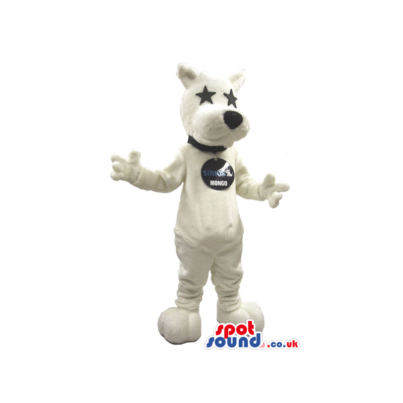 Cool White Dog Plush Mascot With Star Eyes And A Logo - Custom