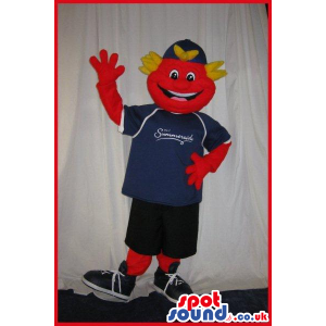 Red Boy Plush Mascot Wearing A Sports T-Shirt With A Logo. -