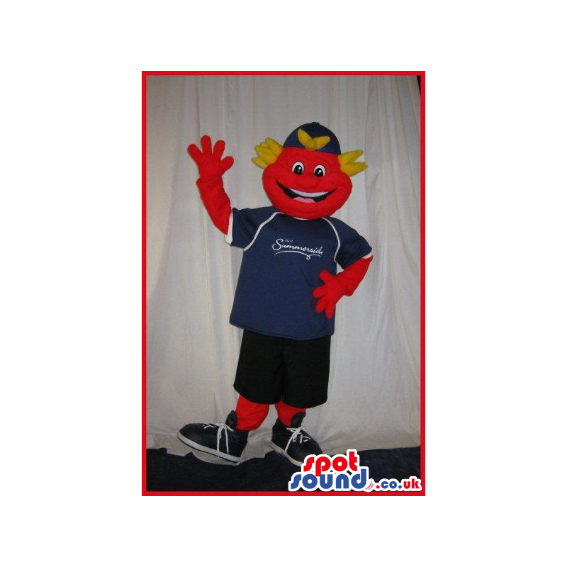 Red Boy Plush Mascot Wearing A Sports T-Shirt With A Logo. -