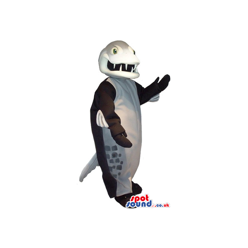Grey And Black Fish Plush Mascot With Sharp Teeth - Custom