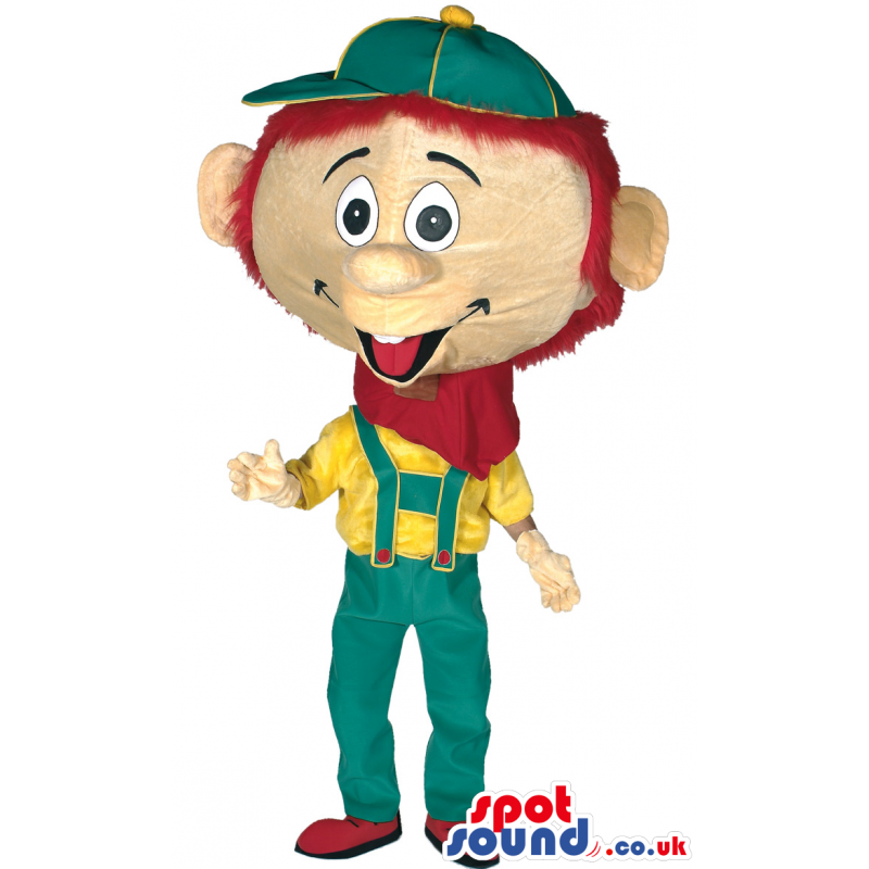 Red head boy mascot with huge head and smile wearing a green