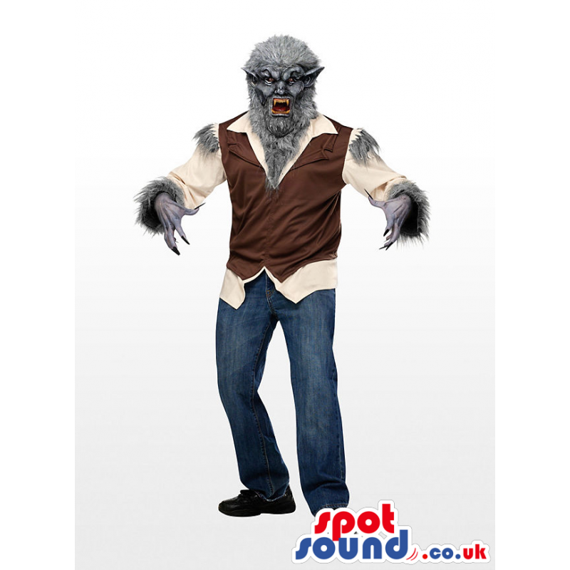 Realistic Scary Werewolf Horror Mascot With A Brown Vest -