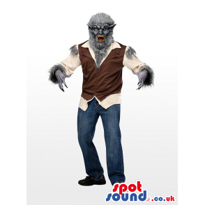 Realistic Scary Werewolf Horror Mascot With A Brown Vest -