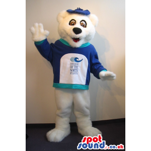 Customizable All White Bear Plush Mascot In A T-Shirt With A