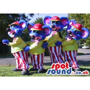 Group Of Four Mice Plush Mascots In Striped Pants And Yellow