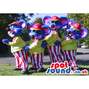 Group Of Four Mice Plush Mascots In Striped Pants And Yellow