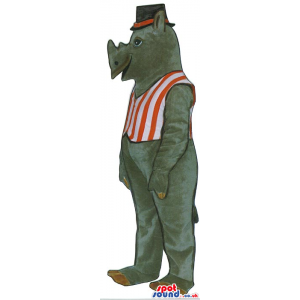 Grey Rhinocerus Plush Mascot In A Striped Vest And A Hat -