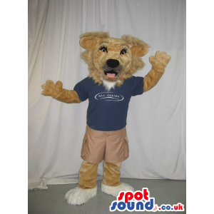 Hairy Brown Bear Plush Mascot Wearing A Blue Shirt With A Logo