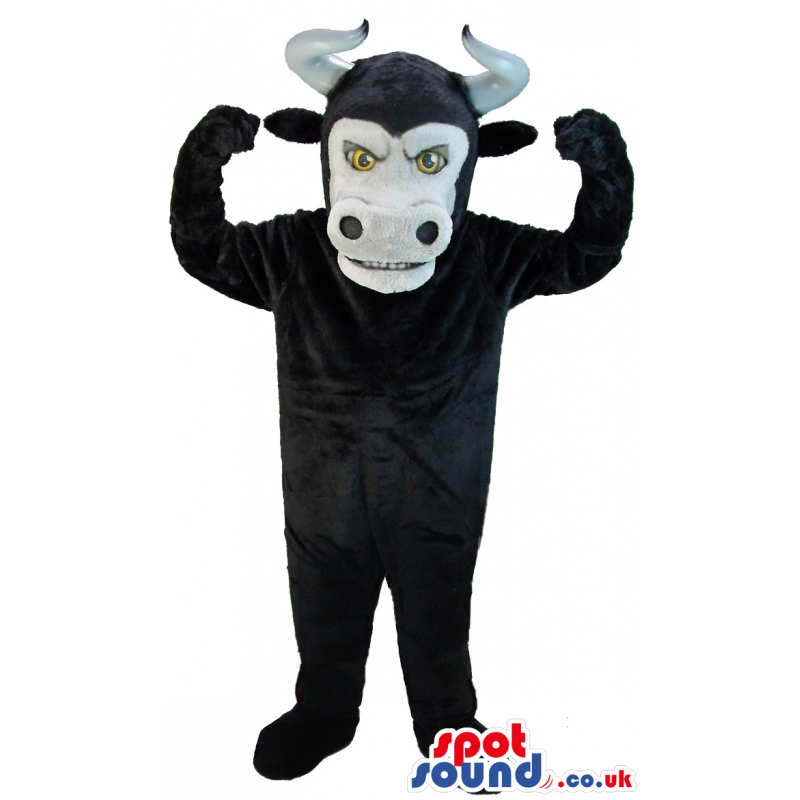 Furious looking black bull mascot with white face and horns -