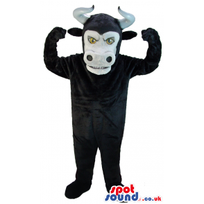 Furious looking black bull mascot with white face and horns -