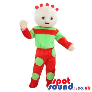 Boy Plush Mascot With A Funny Hairdo In Red And Green Clothes -