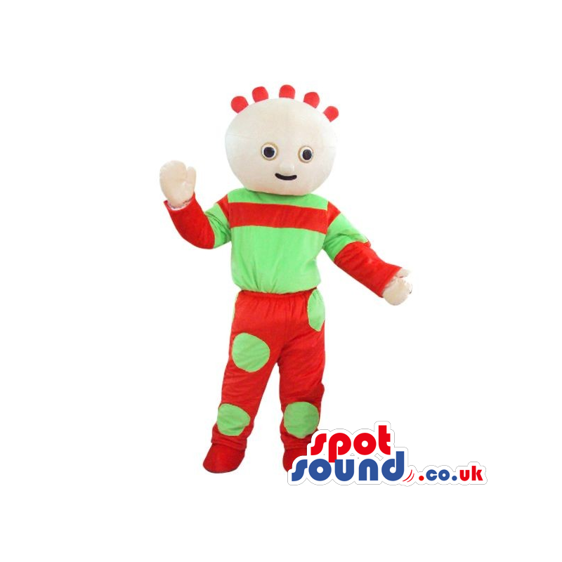 Boy Plush Mascot With A Funny Hairdo In Red And Green Clothes -