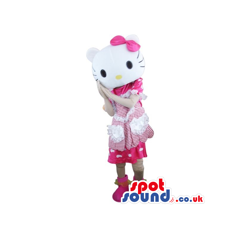 Kitty Cartoon Character Plush Mascot With A White And Pink