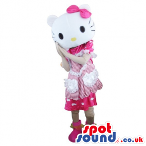 Kitty Cartoon Character Plush Mascot With A White And Pink