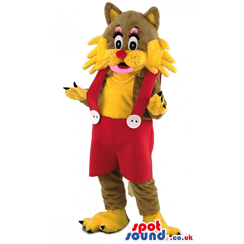 Brown and yellow kitten mascot with red overalls and buttons -