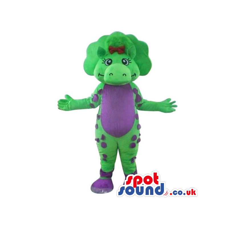 Cute Green Dinosaur Plush Mascot With A Flashy Purple Belly -