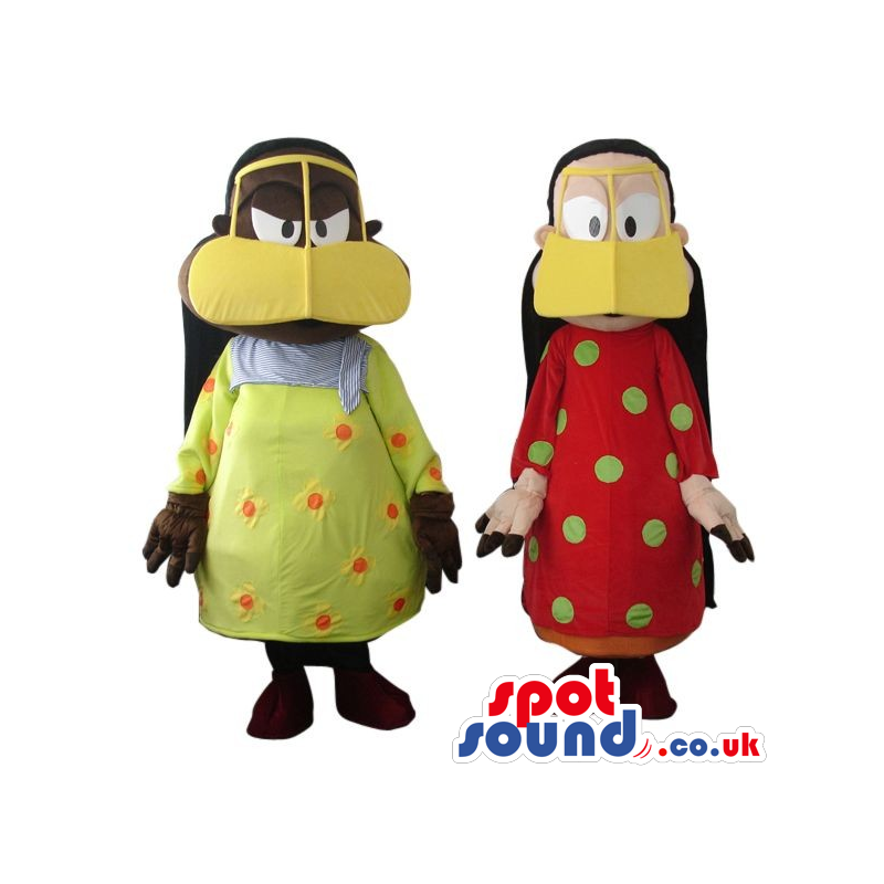 Two Funny Girl Plush Mascots Dressed In A Duck Disguise -