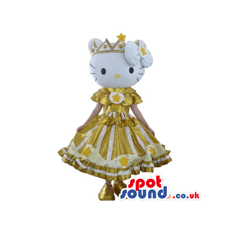 Popular Kitty Character Plush Mascot Wearing A Golden Dress -