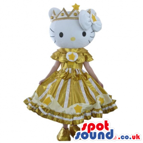 Popular Kitty Character Plush Mascot Wearing A Golden Dress -