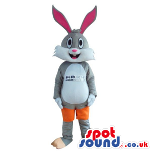 Rabbit Plush Mascot Wearing Knee Pads And A Shirt With A Logo -
