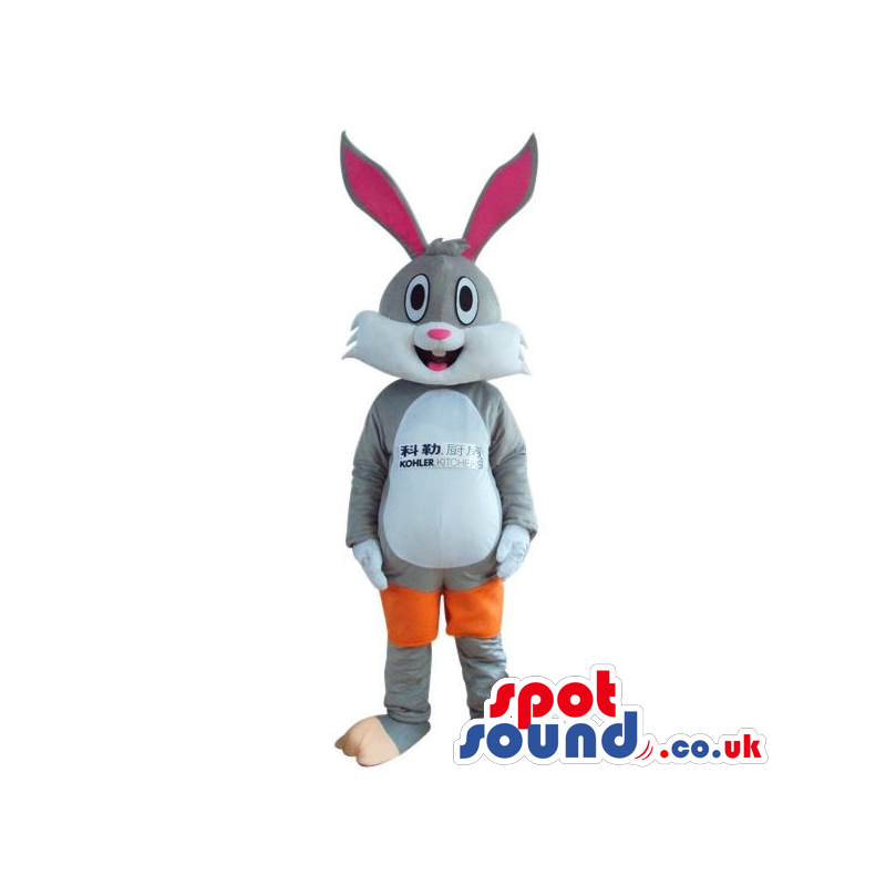 Rabbit Plush Mascot Wearing Knee Pads And A Shirt With A Logo -