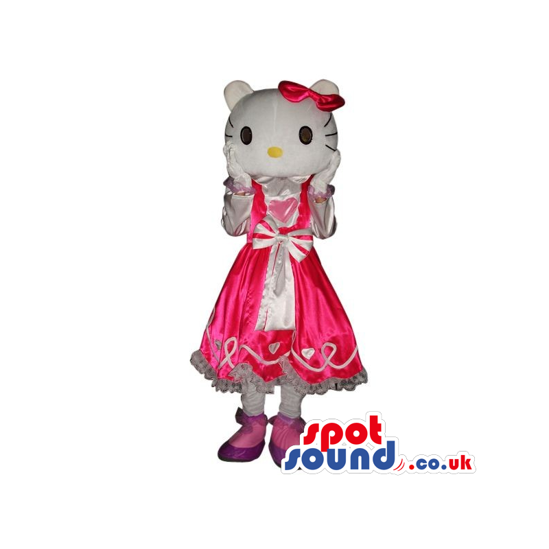 Kitty Character Plush Mascot Wearing A Pink Dress With A Ribbon
