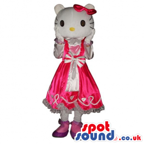 Kitty Character Plush Mascot Wearing A Pink Dress With A Ribbon