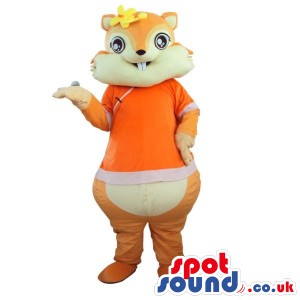 Cute Chipmunk Plush Mascot Wearing An Orange T-Shirt And