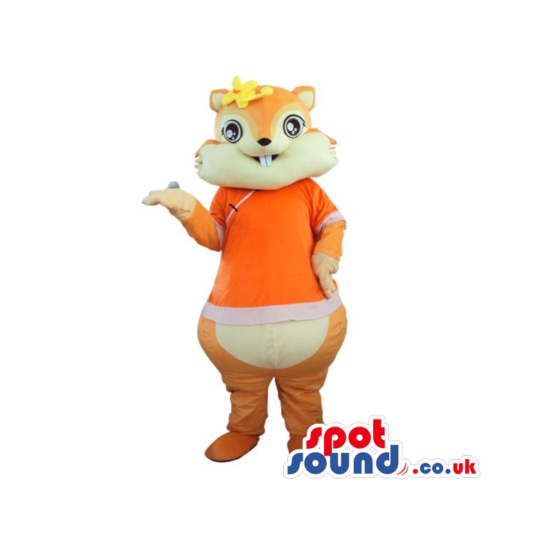 Cute Chipmunk Plush Mascot Wearing An Orange T-Shirt And