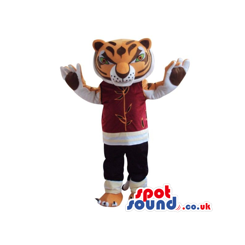 Angry Tiger Plush Mascot Wearing A Red Sweatshirt - Custom