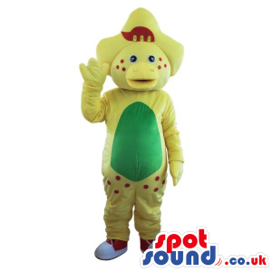 Cute Yellow Dinosaur Plush Mascot With A Green Belly And Dots -