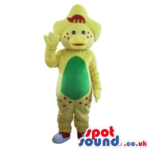 Cute Yellow Dinosaur Plush Mascot With A Green Belly And Dots -