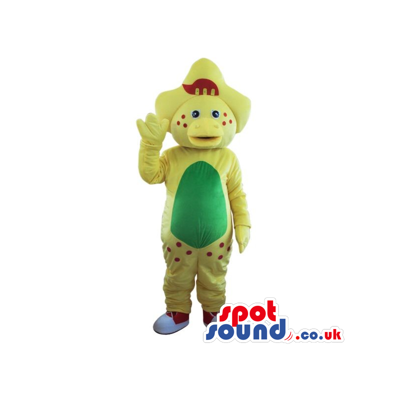 Cute Yellow Dinosaur Plush Mascot With A Green Belly And Dots -