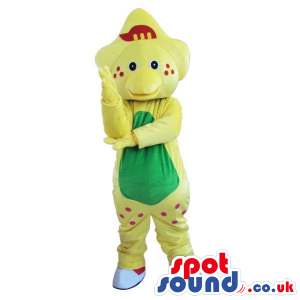 Cute Yellow Dinosaur Plush Mascot With A Green Belly And Dots -