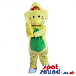 Cute Yellow Dinosaur Plush Mascot With A Green Belly And Dots -