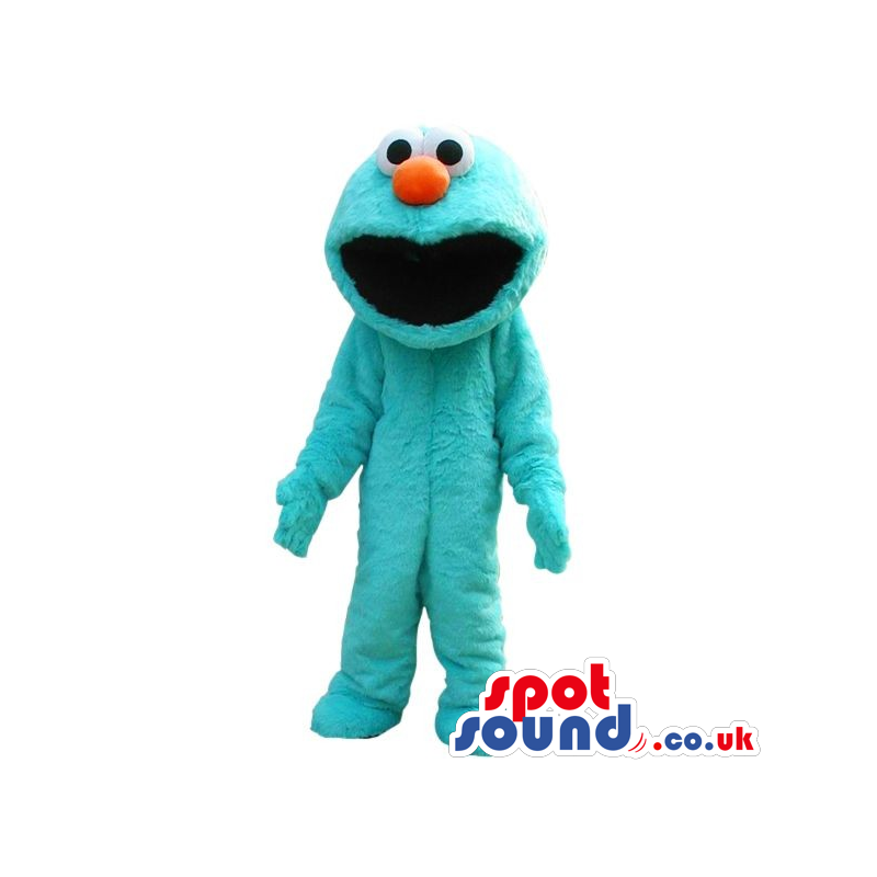 Blue Cookie Monster Alike Hairy Plush Mascot With A Red Nose -