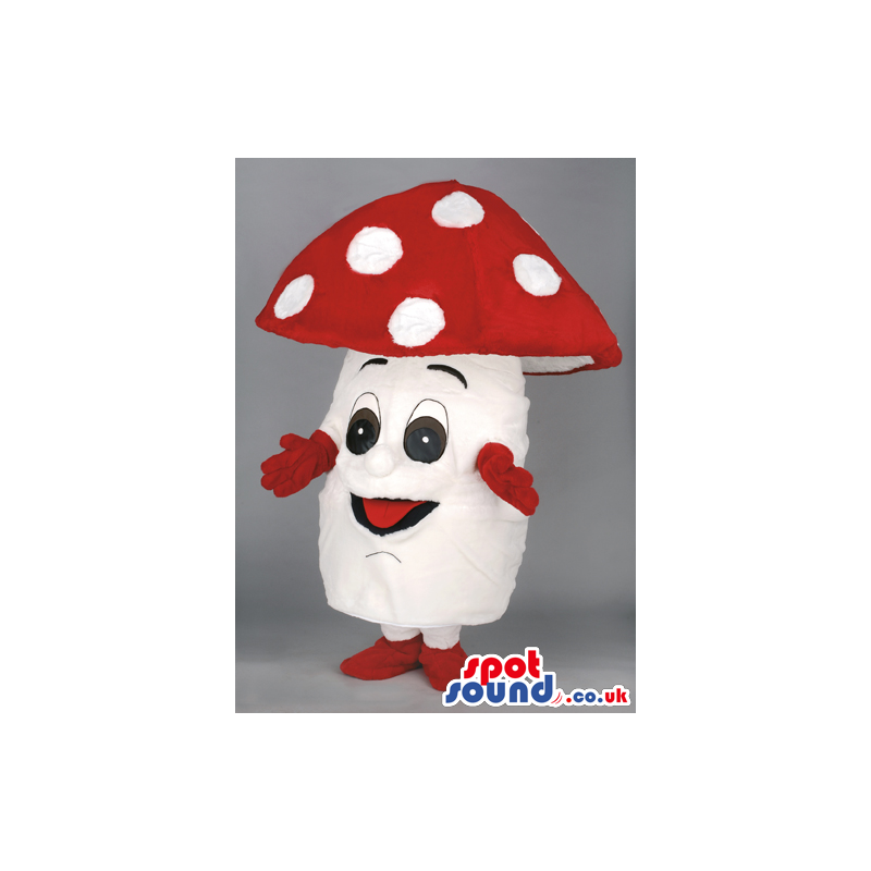 Glad looking white mushroom with red head and white polka dot -
