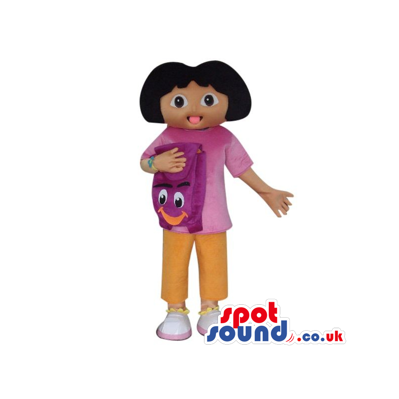 Dora The Explorer Cartoon Character Mascot With A Backpack -