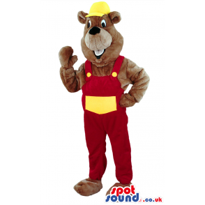 Tall builder bear mascot with red overalls and yellow cap -