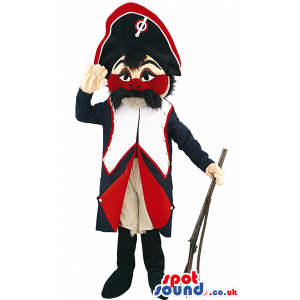 Guard mascot with white,red and black trenchcoat and moustache